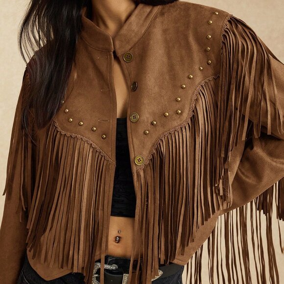 Jackets & Blazers - Brown Casual Women's Faux Suedette Jacket with Fringes